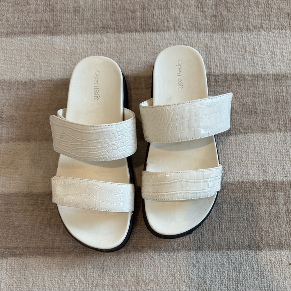 Open Edit White Croc-Embossed Slide Sandals